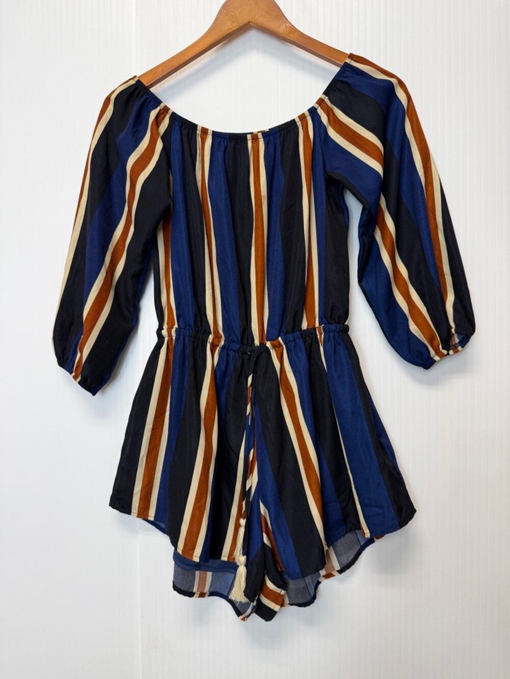 Reverse Romper Women Small Stripe Waist Tassel Tie Lined Resort Work Party Ex